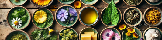 An overhead view of neatly arranged piles of herbs used in Mend & Remedy, including calendula, comfrey, nettle, burdock root, yarrow, and more, on a rustic wooden surface, showcasing the natural, botanical ingredients of the healing salve